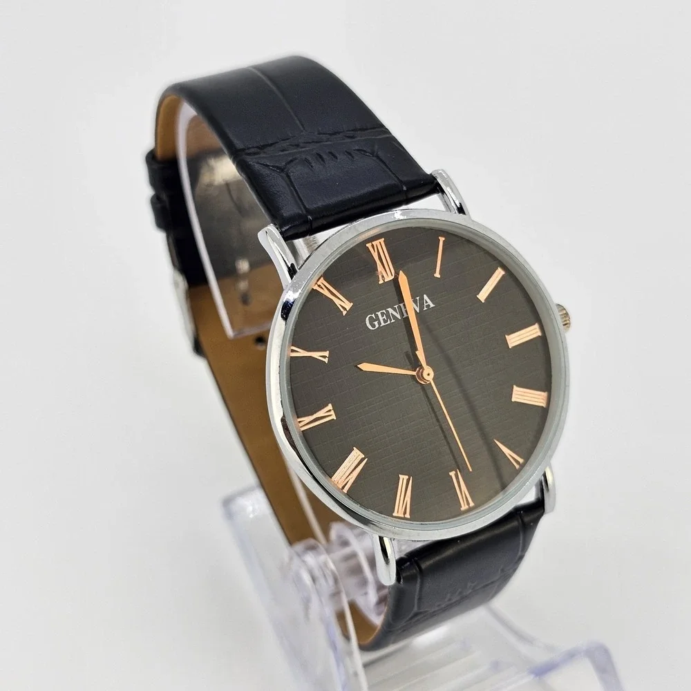 Men's Analog Watch 38MM Black Dial Black Faux Leather Bands New Battery